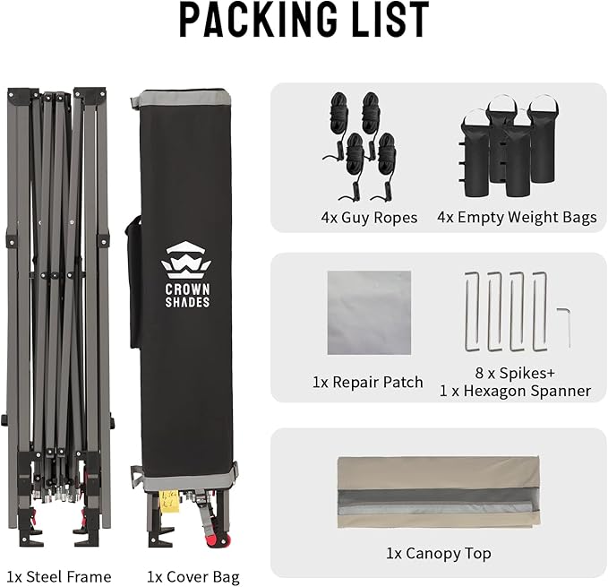 CROWN SHADES 10x10 Pop up Canopy Tent, Instant Commercial Canopy with Extend Awning, Patended Centerlock, 150D Silver Coated Fabric, 4 Ropes, 8 Stakes, 4 Weight Bags, STO 'N Go Bag, Khaki