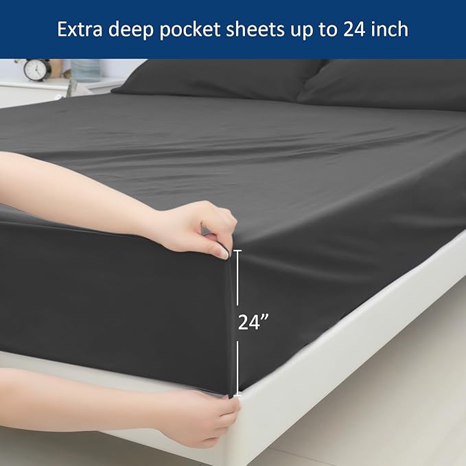 Full Sheet Set for Extra Deep Pocket Air Mattress - Full Size Sheet Sets - Sheets with Pocket on Side - Easily Fits Extra Deep 16 in to 24 in Pillow Top Air Mattress (Black)