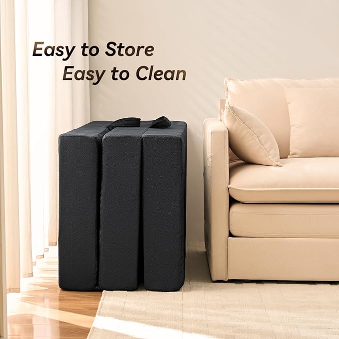 Mattress Topper, 4 Inch Memory Foam Tri-Fold Mattress Twin, Foldable Bed with Washable Cover, Handles and Non-Slip Bottom for Yoga, Guest, Camping, 75"x 38" x 4", Black