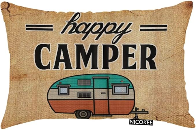 Throw Pillow Cover Happy Camper Camping Outdoor Decorative Pillow Case Home Decor 20x12 Inches Pillowcase