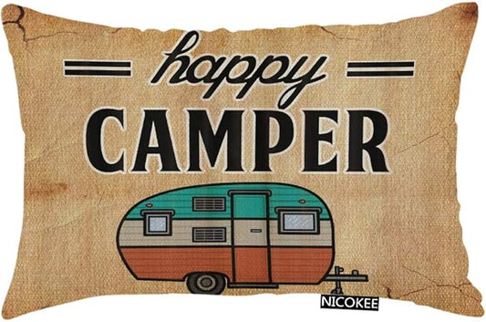 Throw Pillow Cover Happy Camper Camping Outdoor Decorative Pillow Case Home Decor 20x12 Inches Pillowcase
