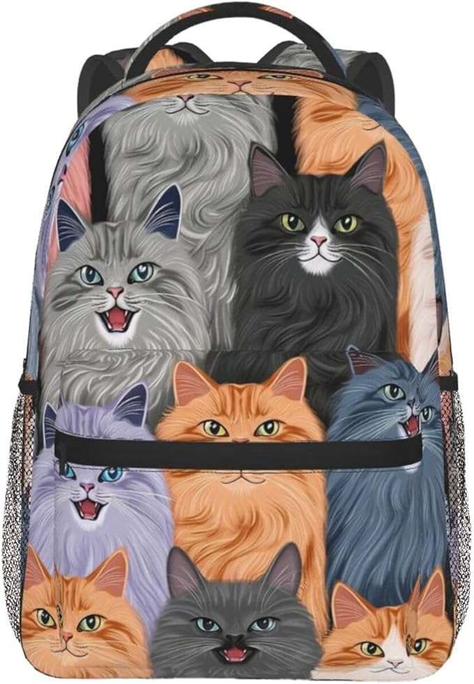 Men Women Lightweight Cats Animal Daypack Bookbag Big Capacity Carry On Bag With Side Pockets for Camping Travel Bicycle