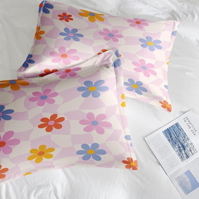 Comforter Set Twin Size, Retro Daisy Pink 5 Pcs Bedding for Kids and Adults, Hippie Aesthetic Kids Bed Sheet Sets with Fitted Sheet Pillowcase & Sham for Bedroom Bed Decor