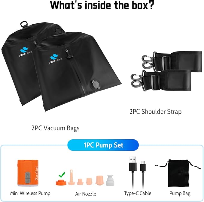Zurligi Travel Vacuum Bags with Shoulder Strap & Mini Pump – IPX8 Waterproof Vacuum Seal Reusable 39L Carry-On Compression Bags for Clothes, Suitcase & Luggage(2-Pack, Black)