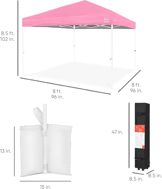 Best Choice Products 8x8ft Pop Up Canopy Tent, Outdoor Shade, 1 Person 1 Minute Set Up, Carry Case, 4 Weight Bags - Pink/White