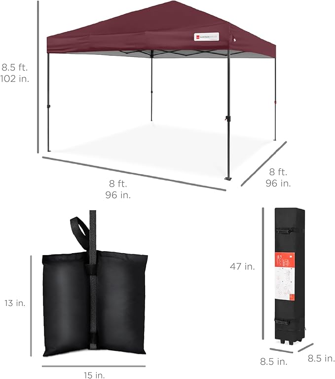 Best Choice Products 8x8ft Pop Up Canopy Tent, Outdoor Shade, 1 Person 1 Minute Set Up, Carry Case, 4 Weight Bags - Burgundy