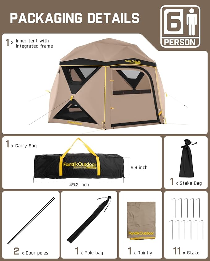 FanttikOutdoor Alpha C6 Ultra Instant Cabin Tent 6 Person Pop Up Camping Tent Setup in 60 Seconds Portable with Rainfly & Windproof for Outdoor Camping & Overlanding Khaki