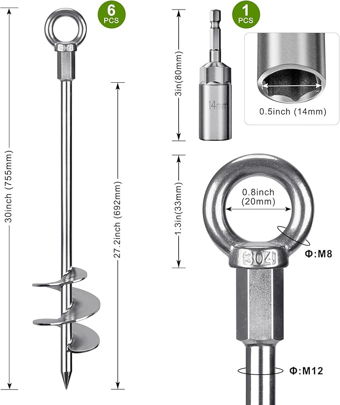 Dolibest 30" Heavy-Duty Ground Anchors Screw in, 3" Wide Spiral Earth Anchors for Swing Set, Wind Resistant Mobile Home, Trampoline, Sheds - Fully Welded Ground Anchors-Set of 6