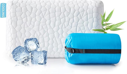 Travel Pillow Camping Pillow Small Cooling Gel Memory Foam Pillow, Compressible Medium Firm, Breathable Cover, Ideal Backpacking Hiking, Airplane and Car