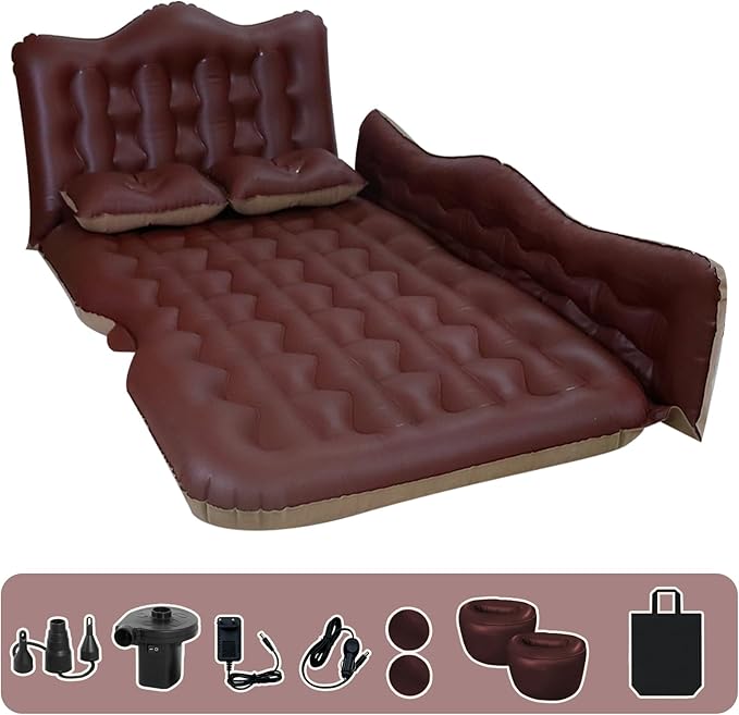 Car Air Mattress for SUV & Camping – Inflatable Backseat Mattress Bed with 2 Pillows Thickened Portable Sleeping Pad for Travel, Home, Trucks, RV – Soft Flocking + PVC Surface (Brown)