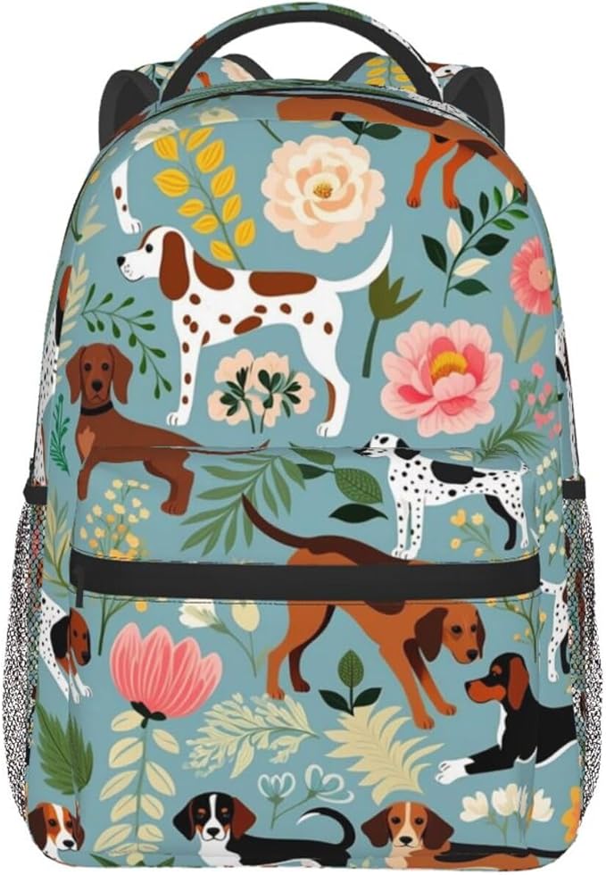 Shoulder Book Bags Polyester Multipurpose Anti-Theft Sweet Basset Hound Dog And Vintage Florals Carry On Bag Large Capacity Travel Hiking Camping Rucksack