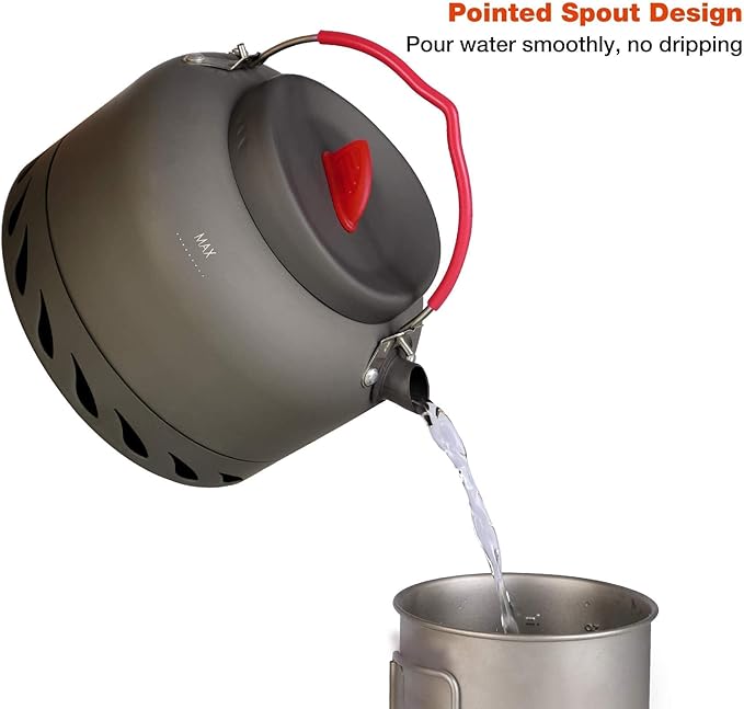 REDCAMP 1.4L Outdoor Camping Kettle with Heat Exchanger, Aluminum Camp Tea Kettle with Carrying Bag, Compact Lightweight Coffee Pot