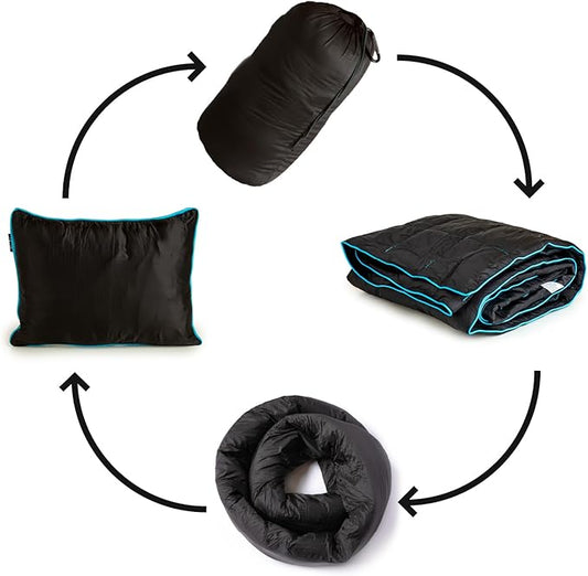 NAPRO Ripstop Outdoor Camping Pillow and Blanket 3-in-1, Versatile Lightweight Nylon Waterproof Stadium Blanket, Ultralight Backpacking Essentials, Travel Blanket and Pillow Set - Black/Turquoise