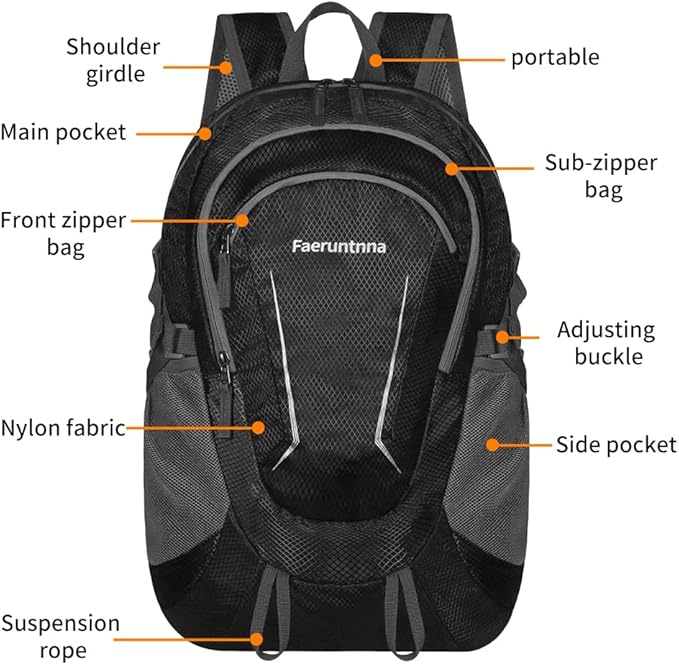 30L Large capacity Lightweight Packable Foldable Backpack,women and men Hiking backpack,Outdoors Travel Backpack (Black)
