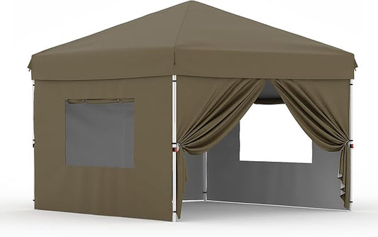 Pop Up Canopy Tent 10x10 FT Outdoor Canopy One-Person Set Up Heavy Duty Commercial Instant Tent, 4-Sidewall, Brown