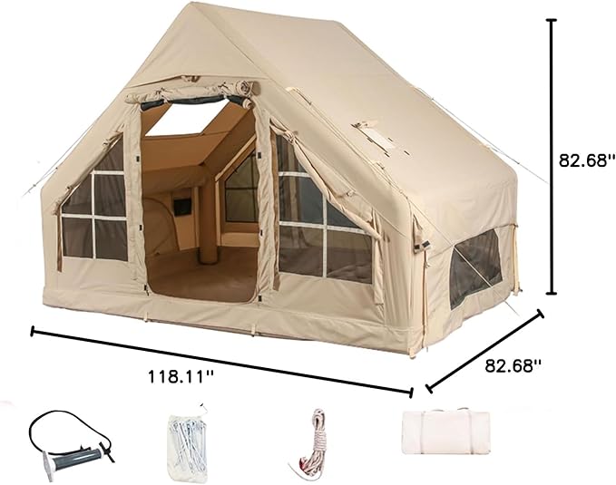 Inflatable Camping Tents with Hand Pump, Air Glamping Tents, Easy Setup Waterproof and Windproof Blow up Tent, 4 Seasons Oxford Cabin Tent with Mesh & Chimney Window.