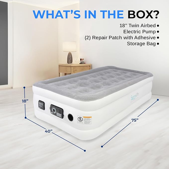 SereneLife Luxury Twin Size Air Mattress with Built-in High Speed Pump, Adjustable Firmness Levels, Strong Spine Support, 18" Inflatable Airbed for Home, Guests, Camping, and Travel