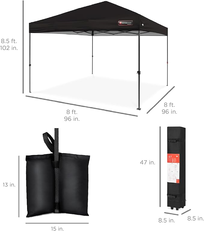 Best Choice Products 8x8ft Pop Up Canopy Tent, Outdoor Shade, 1 Person 1 Minute Set Up, Carry Case, 4 Weight Bags - Black