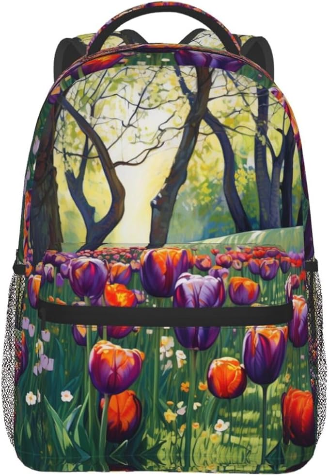 Adults Lightweight Colorful Sea Of Tulips Art Shoulder Book Bags Big Capacity Shoulder Bag With Adjustable Shoulder Straps for Trekking Work Walking Cycling