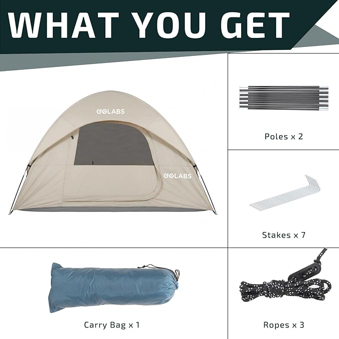 Golabs CT1 2 Person Camping Tent, Easy Set Up in 3 Mins, PU1500mm Waterproof w/Mesh Top & Door with Ventilation, Lightweight 4.4lbs Portable Family Tent with Carry Bag &Interior Storage Pockets &Hook
