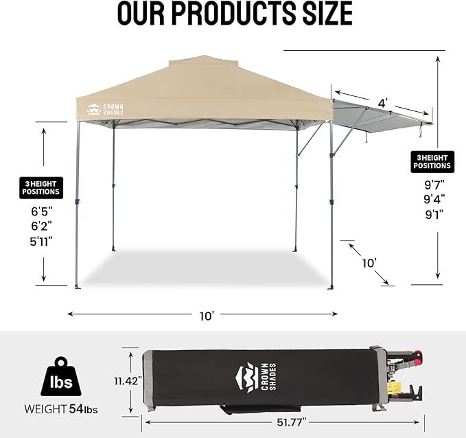 CROWN SHADES 10x10 Pop up Canopy Tent, Instant Commercial Canopy with Extend Awning, Patended Centerlock, 150D Silver Coated Fabric, 4 Ropes, 8 Stakes, 4 Weight Bags, STO 'N Go Bag, Khaki