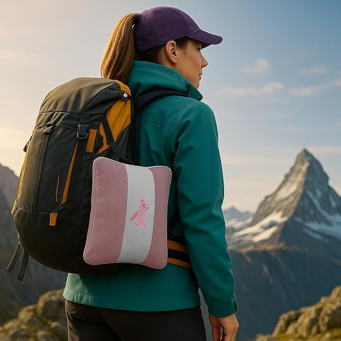 Melissa Large Travel Blanket and Inflatable Pillow Set - 69โ x 43.3โ โ Soft Blanket with Carry Bag โ Lightweight, Compact & Washable for Backpacking, Hiking, Airplane, Car, Office, Camping (Pink)