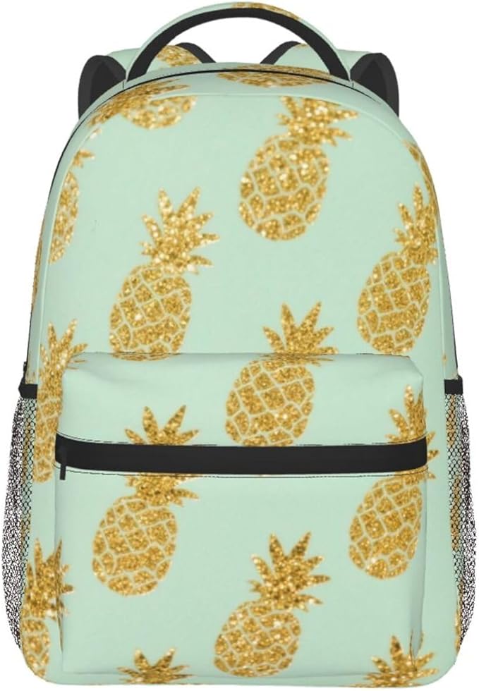 Rucksack Polyester Anti-Theft Multipurpose Gold Pineapple Pattern Bookbag Big Capacity Travel and Sport Backpack Rucksack With Side Pockets
