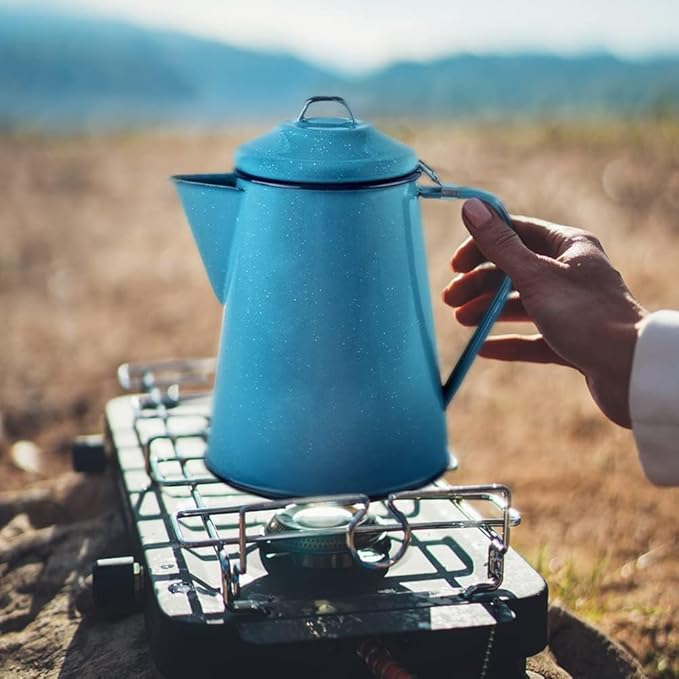 Cinsa Enamelware Coffee Pot (Turquoise Color) - 8 Cups - Camping Essentials - Hot Water for Coffee and Tea - Light and Resistant