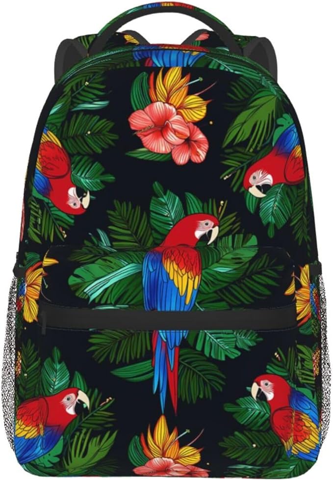 Men Women Polyester Macaw And Hibiscus Art Daypack Big Capacity Shoulder Bag With Adjustable Shoulder Straps for Camping Travel Walking Cycling