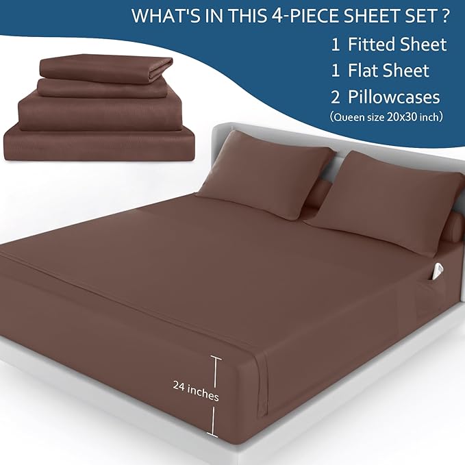 Air Mattress Queen Sheet Set - Deep Pocket 4 Piece Queen Size Sheet Set - Breathable & Fade Resistant Easy Fits 16in to 24in Pillow Top Bed Mattress - Brown