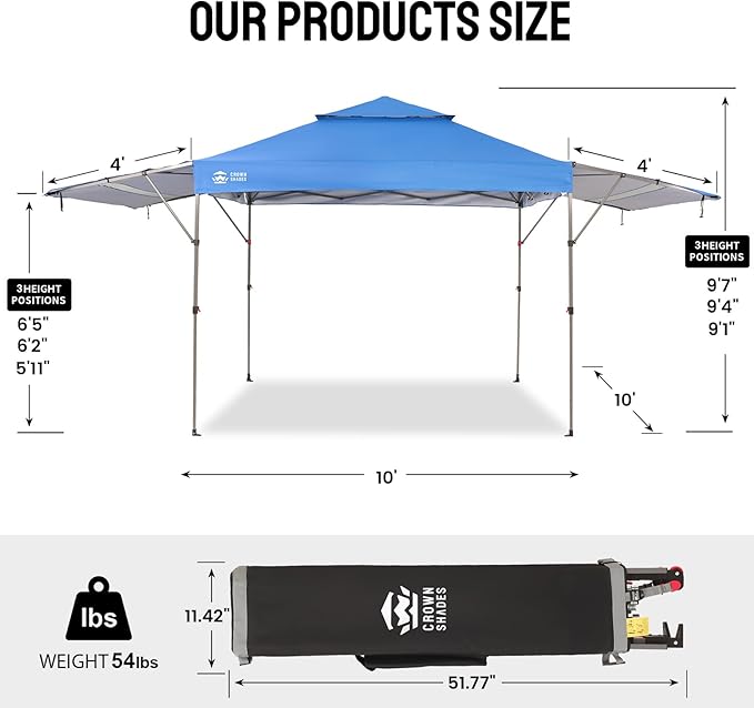 CROWN SHADES 10x10 Pop up Canopy Tent Patended Centerlock Instant Commercial Canopy with 150D Silver Coated Fabric Including 2 Extend Awnings, 4 Ropes, 8 Stakes, 4 Weight Bags, STO 'N Go Bag, Blue