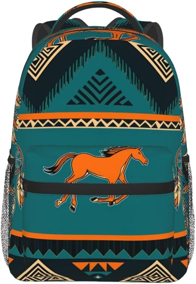 Lightweight Daypack Backpack for Sports Travel Running, Large Capacity Multipurpose Anti-Theft Bookbag, Southwest Native American Ethnic Horse Dreamcatcher Art Laptop Backpack Daypack