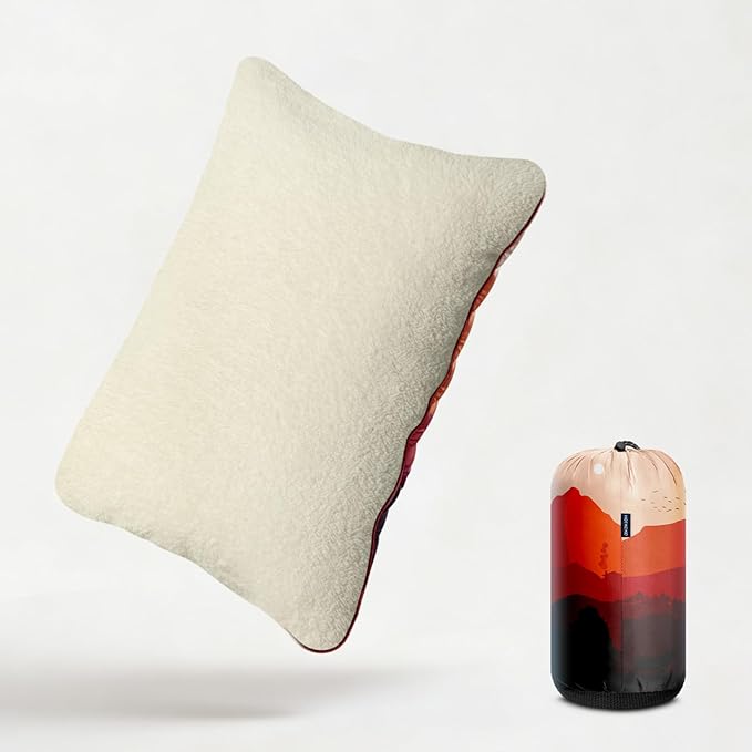 Camping Pillow, Sherpa Lining Travel Pillow Supportive Compressible Lightweight Camp Pillow with Storage Bag for Camping,Hiking,Backpacking,Airplane