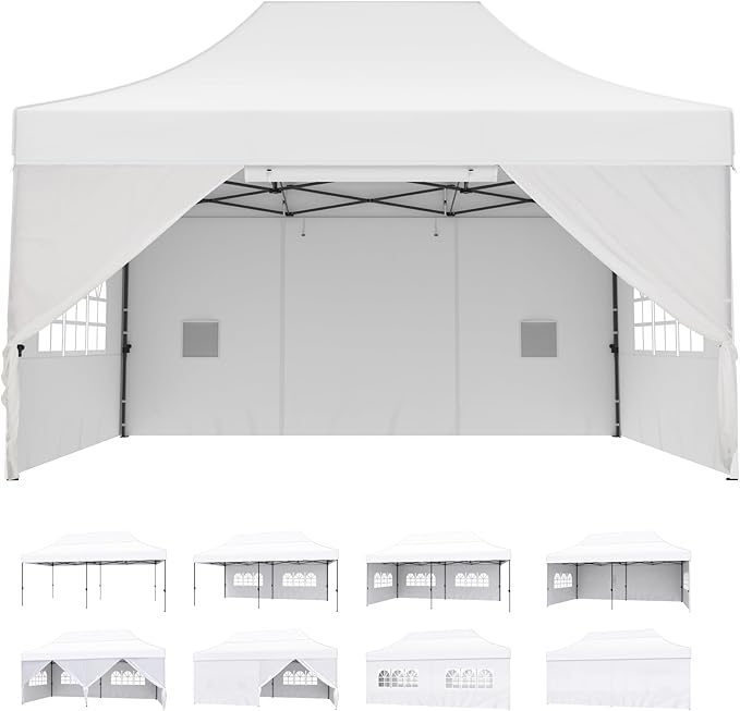 MFSTUDIO 10x15 Pop Up Canopy Tent, Outdoor Commercial Heavy Duty Party Tent with 4 Sidewalls, Easy Set-up Waterproof Canopy Tent for Party Event Wedding, Thickened Legs with 3 Heigh Adjustable, White