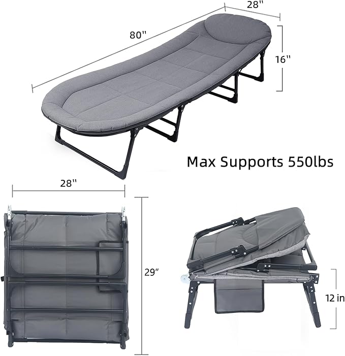 Chaise Lounge Chair, Folding Cot, 6-Angle Adjustable Camping Cot with Mattress for Patio and Beach, Foldable Bed Portable Heavy Duty Lay Flat Reclining with Pillow (Grey, XL - 80")