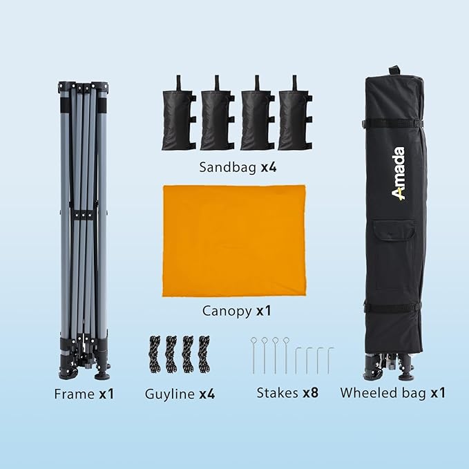 Amada 10x10 Pop Up Canopy - Center Lock One Push Instant Setup Gazebo Outdoor Canopy Beach Tent with STO-N-Go Bag 8 Stakes & 4 Sand Bags, 3-Height Adjustable Shade Shelter (10x10ft, Orange)