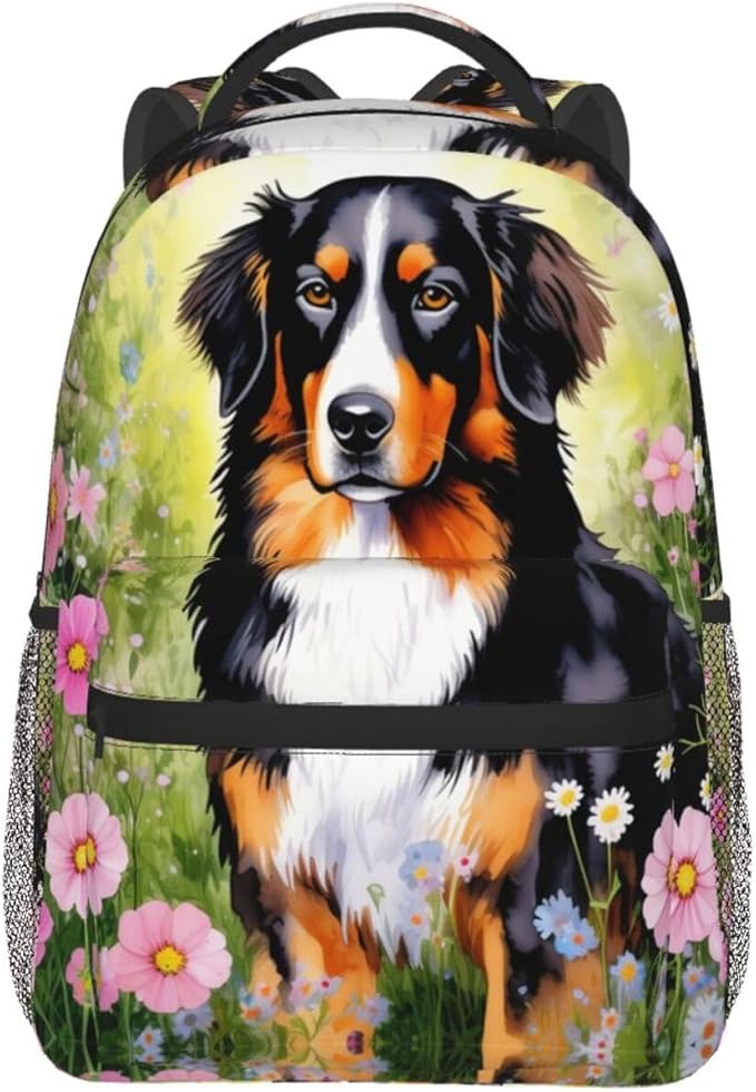 Rucksacks Multipurpose Anti-Theft Big Capacity Bookbag, Shetland Sheepdog Dog Watercolor Pink Flower Art Travel Hiking Camping Rucksack With Padded Straps