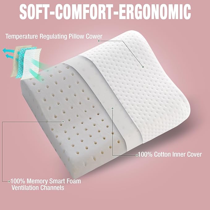 alkamto Travel & Camping Comfortable Memory Foam Pillow – Easy to Carry Portable Bag – Temperature Regulating Pillow Case (Pink Contour + Extra Cover)