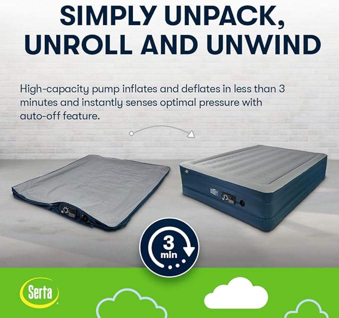 Serta Queen TPU Perfect Sleeper Air Mattress | Queen 18” | TPU Construction | Slumbertouch Knit Topper - Edge Protection | Air Mattress with Built-in Air Pump