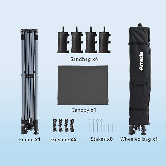 Amada 12x12 Pop Up Canopy - Center Lock One Push Instant Setup Gazebo Outdoor Canopy Beach Tent with STO-N-Go Bag 8 Stakes & 4 Sand Bags, 3-Height Adjustable Shade Shelter (12x12ft, Grey)