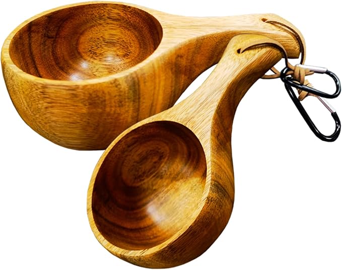 Sanrich Wooden Mug Kuksa Handcrafted Wood Camp Mug Survival Wood Cup Camping Cups & Mugs with Carabiner Leather Lanyard For Drinking Tea Coffee (8 ounces-tortoiseshell-no handle hole)