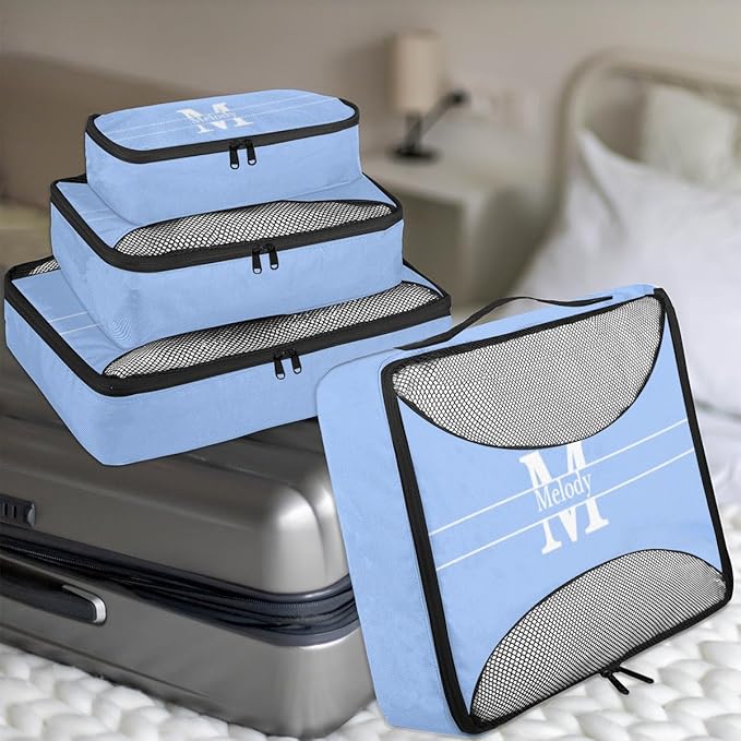 Custom Name 4 Pcs set travel luggage organizer Mesh Travel Essentials for Suitcases, Light Sky Blue with Initial Letter