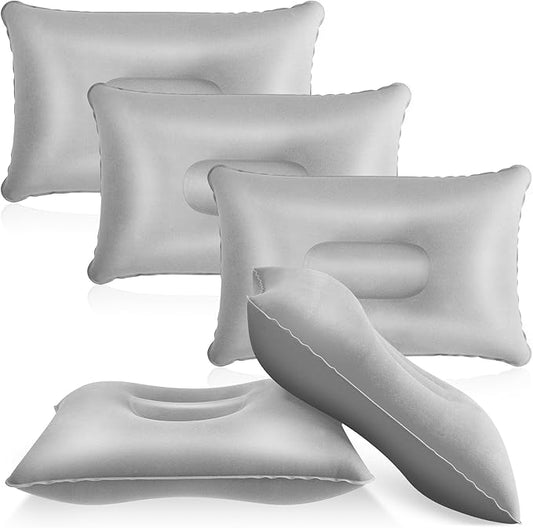 Maitys 5 Pieces Inflatable Travel Pillow Portable Compact Air Pillow Flocked Fabric Backpacking for Camping Hiking Home Office Sleeping Neck Head Lumbar Support(13.39 x 8.66 Inches,Gray)