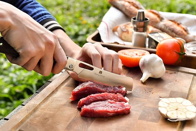 Folding Chef Knife 4.8" Sharp 440A Stainless Steel Blade Wooden Handle Pocket Foldable Japanese Style Kitchen Knife for Outdoor Camping Cooking