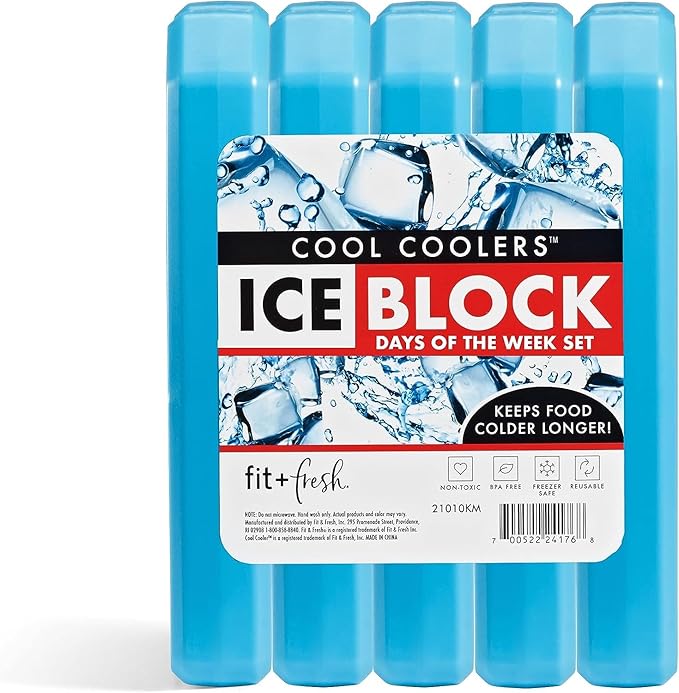 Fit & Fresh Cool Coolers, 5 Pack Days of the Week Ice Blocks, Compact & Reusable Ice Packs for Lunch Boxes & Coolers, Blue