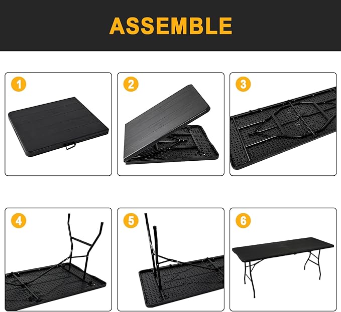 70.8" W X 29" D X 29" H - 6 ft Folding Table Black Wood Grain Portable Heavy Duty Plastic Fold-in-Half Utility Foldable Table for Camp,Picnic & Party
