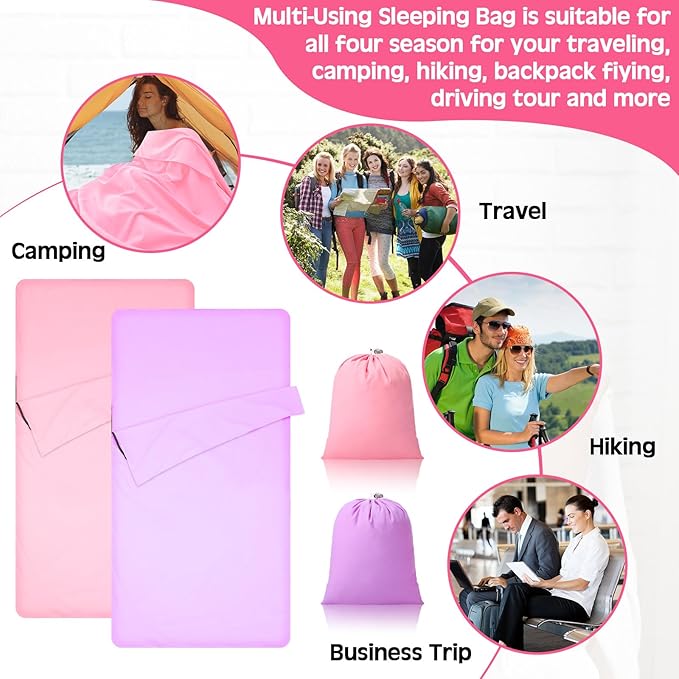 2 Pack Sleeping Bag Liner Portable Polyester Microfiber Adult Sleep Sack with Pocket Bag Travel Self Tan Sheets for Hotel Summer Camping Hiking Business Outdoor Indoor