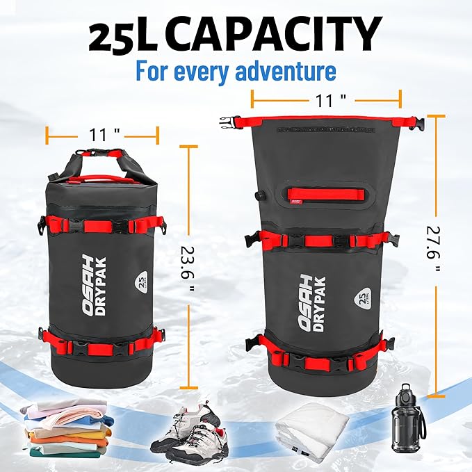 25L Waterproof Dry Bag - Motorcycle Luggage Tail Bag with Straps for Back Seat, Roll Top Lightweight Waterproof Backpack Sack for Travel, Swimming, Boating, Kayaking, Camping and Beach