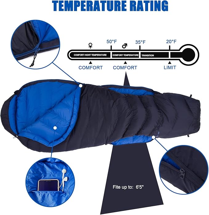 Mountaintop Ultralight Mummy Down Sleeping Bag 650 Fill Power Duck Down Suits for 32 Degree F for Camping Hiking Backpacking