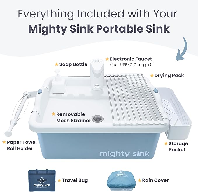 Portable Sink: Patented Wash Station with Electronic Faucet | 2 Gallons | Easy Setup | Indoor & Outdoor Use | Ideal for Dishwashing, Camping Hygiene, Gardening, Pottery & More